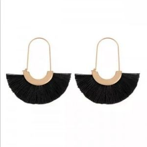 Riah Fashion Black Fan Shape Tassel Drop Hoop Earrings - NWT